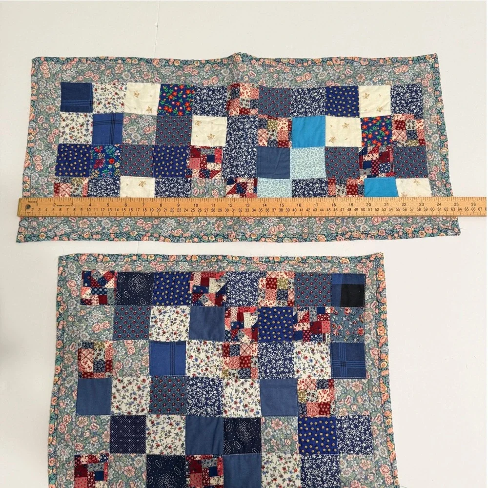 Handmade Vintage Patchwork Table Runner Placemat Set Blue Cotton Quilt